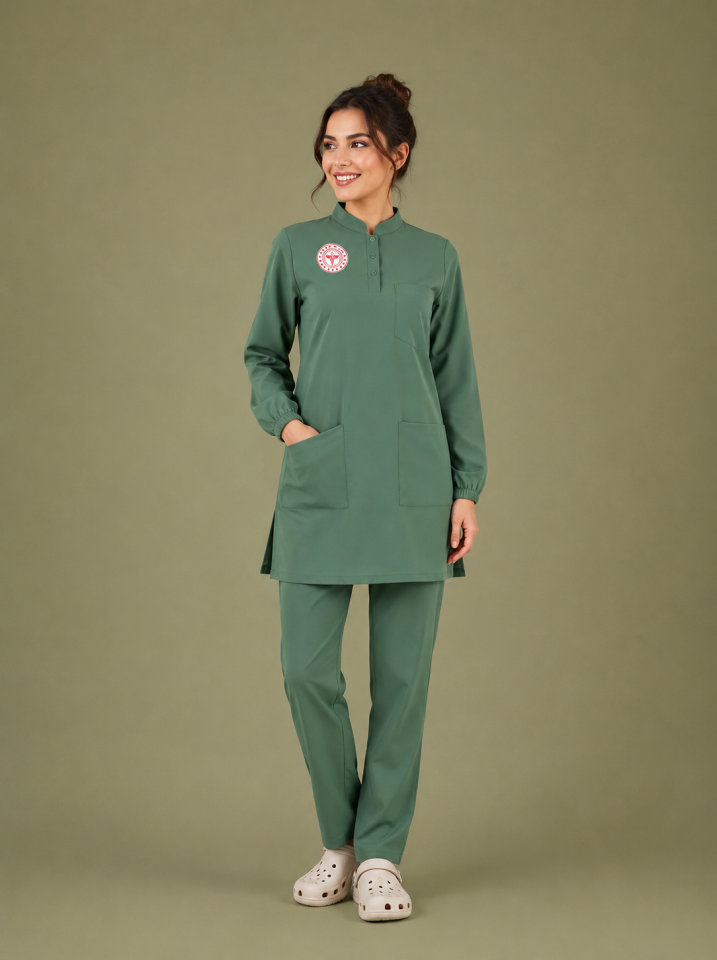Tesettür Ameliyathane Forması Scrubs Likralı Takım Sağlık Bakanlığı Logolu-Frosty Spruce