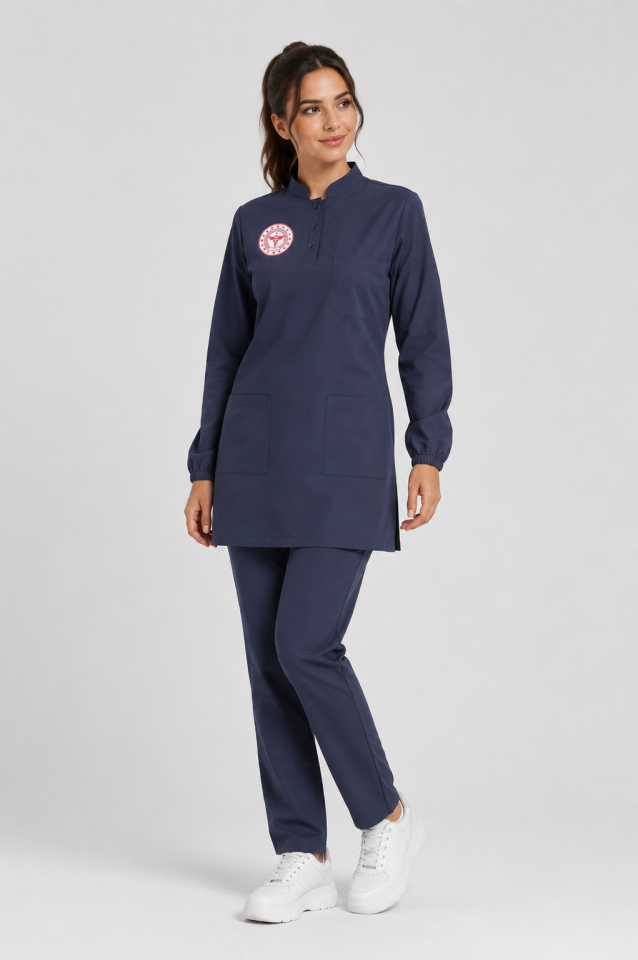 Hemşire Tesettür Forma Yeni Yönetmeliğe Uygun-Scrubs Likralı Takım Patriot BlueTesettür Forma Takımı