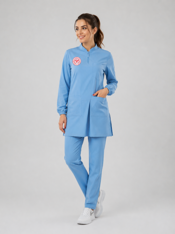 Tesettür Doktor Ve Hekim Forması Scrubs Likralı Takım Sağlık Bakanlığı Logolu-Alaskan Blue