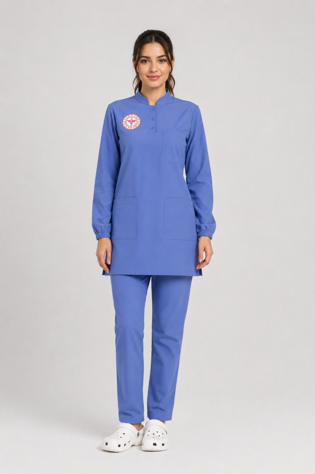 Tesettür Temizlik Personeli Forması Scrubs Likralı Takım Sağlık Bakanlığı Logolu-Dazzling Blu