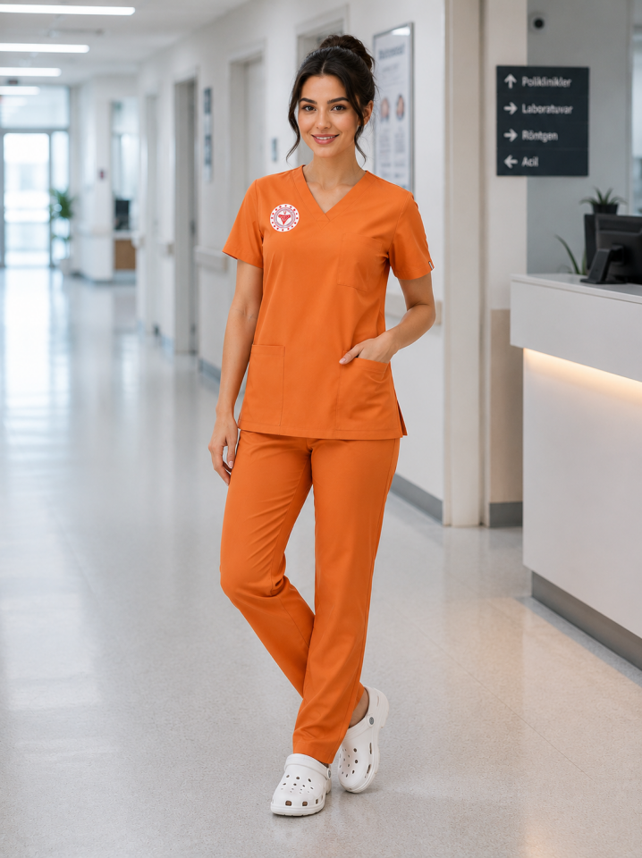 Klinik Destek Forması Scrubs Likralı Takım Sağlık Bakanlığı Uyumlu-Orange Ochre