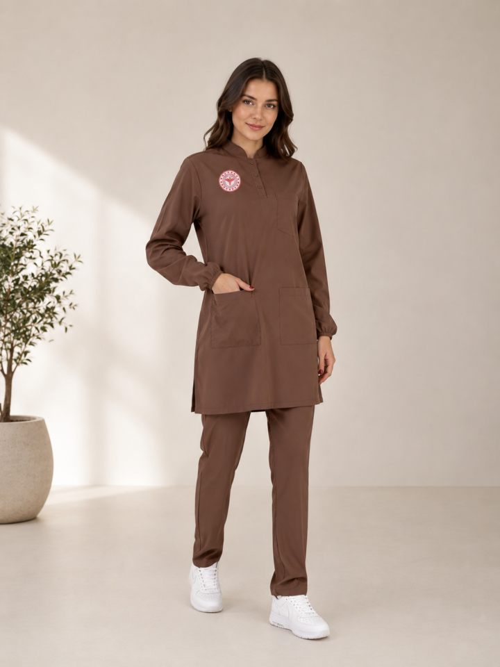 Tesettür Diğer Sağlık Meslek Mensupları Forması Scrubs Likralı Takım Sağlık Bakanlığı Logolu-Friar Brown