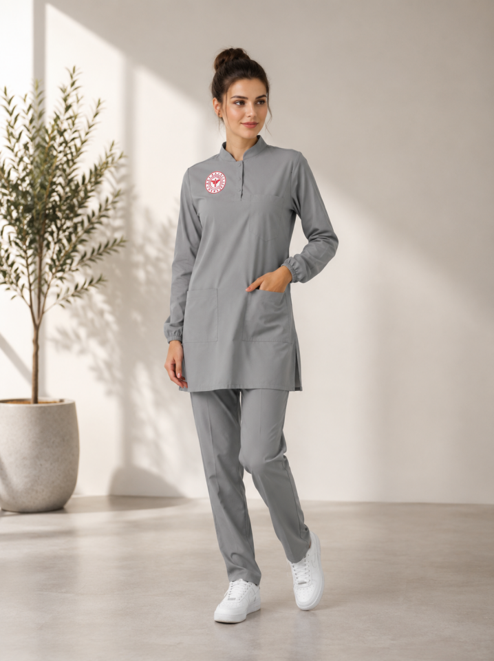 Tesettür Teknik Hizmetler Forması Scrubs Likralı Takım Sağlık Bakanlığı Logolu-Neutral Gray