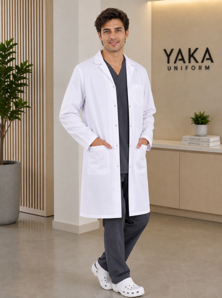 Klasik Yaka Erkek Doktor Vizit Önlüğü Alpaka Kumaş