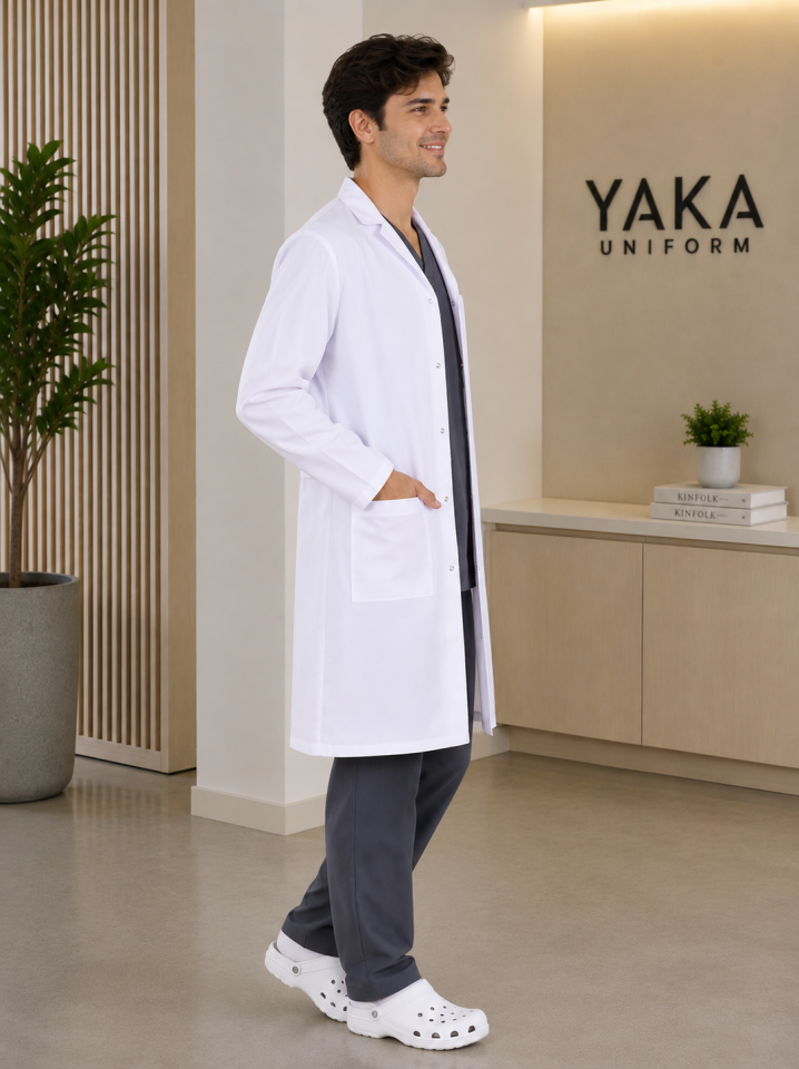 Klasik Yaka Erkek Doktor Vizit Önlüğü Alpaka Kumaş