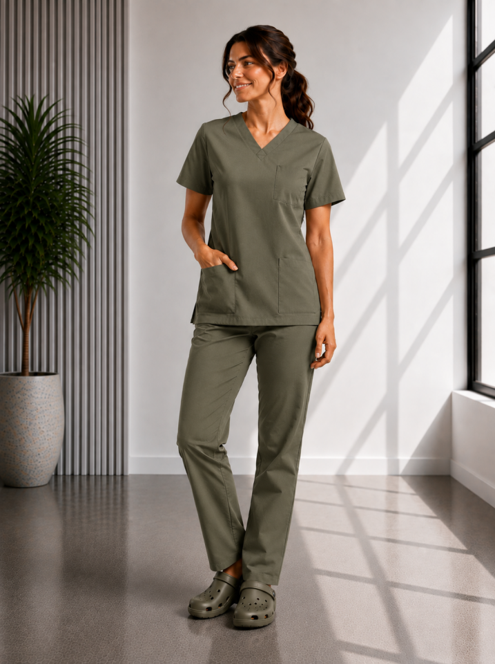 Classic -Haki Likralı Üniforma Takım Scrubs