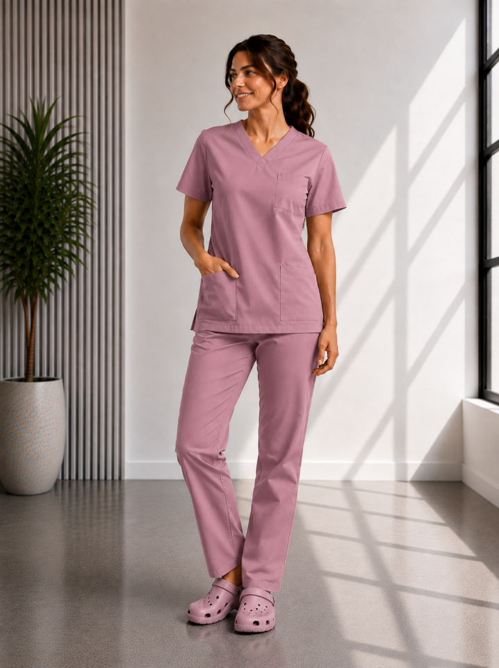 Classic -Gül kurusu Likralı Üniforma Takım Scrubs