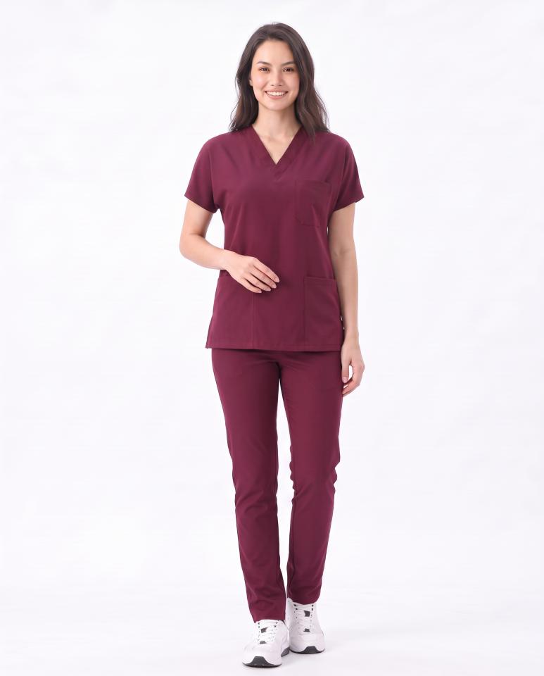 Classic -Bordo Likralı Üniforma Takım Scrubs