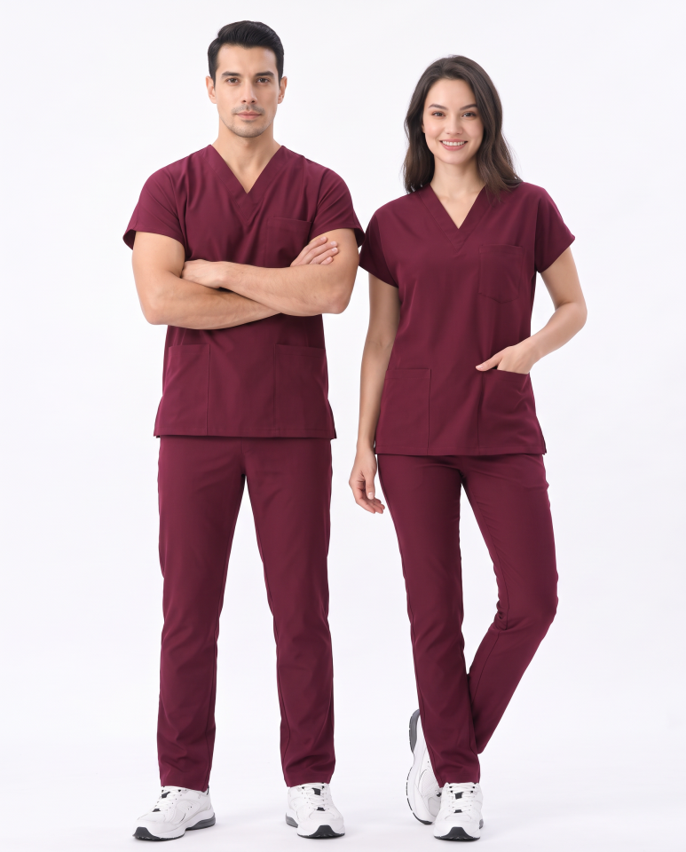 Classic -Bordo Likralı Üniforma Takım Scrubs