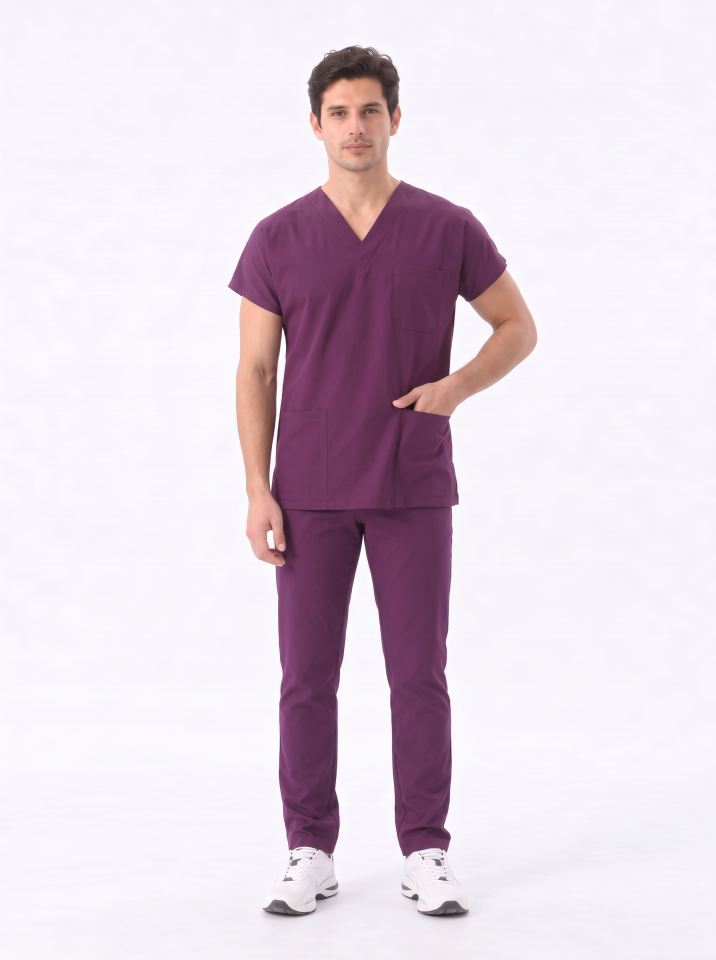 Classic -Mürdüm Likralı Üniforma Takım Scrubs