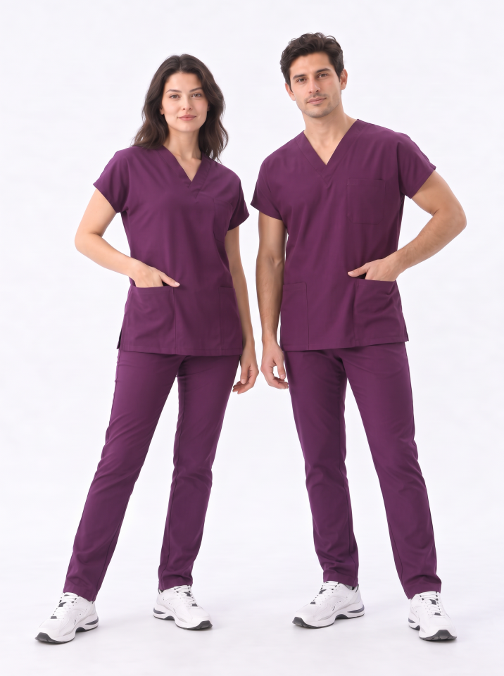 Classic -Mürdüm Likralı Üniforma Takım Scrubs