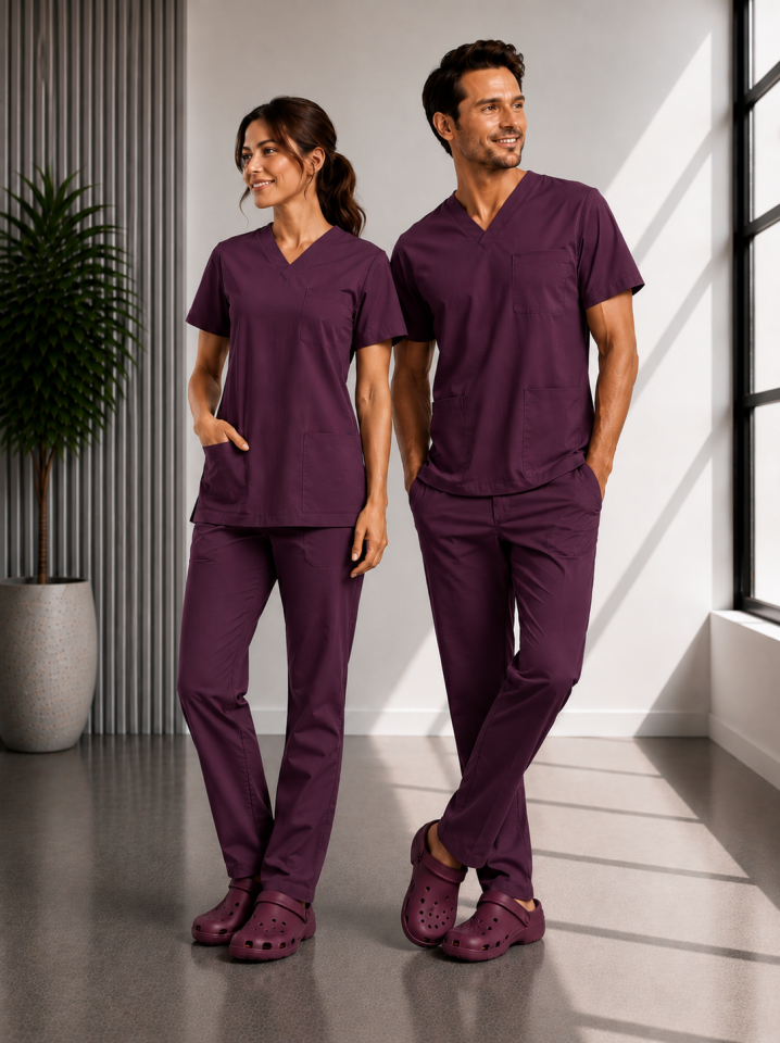 Classic -Mürdüm Likralı Üniforma Takım Scrubs