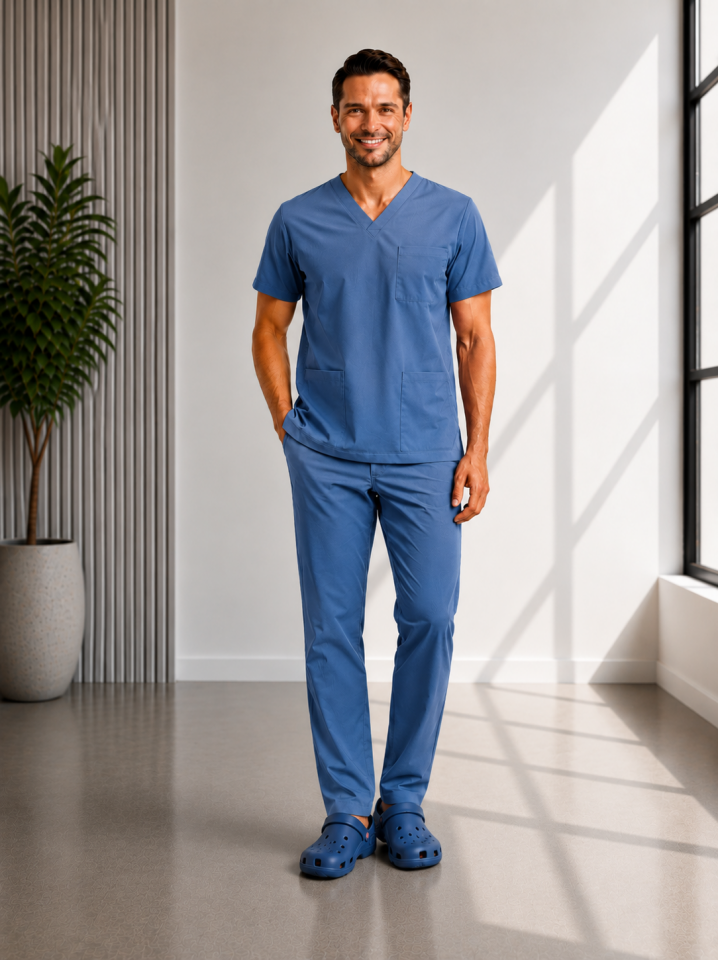 Classic -Saks Mavi Likralı Üniforma Takım Scrubs