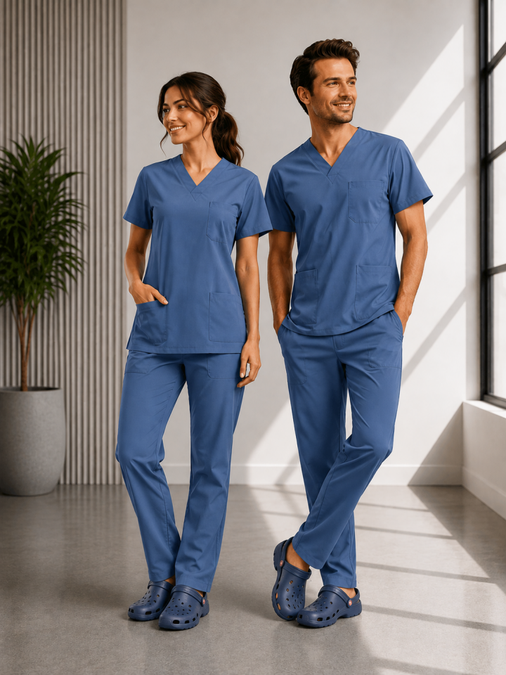 Classic -Saks Mavi Likralı Üniforma Takım Scrubs