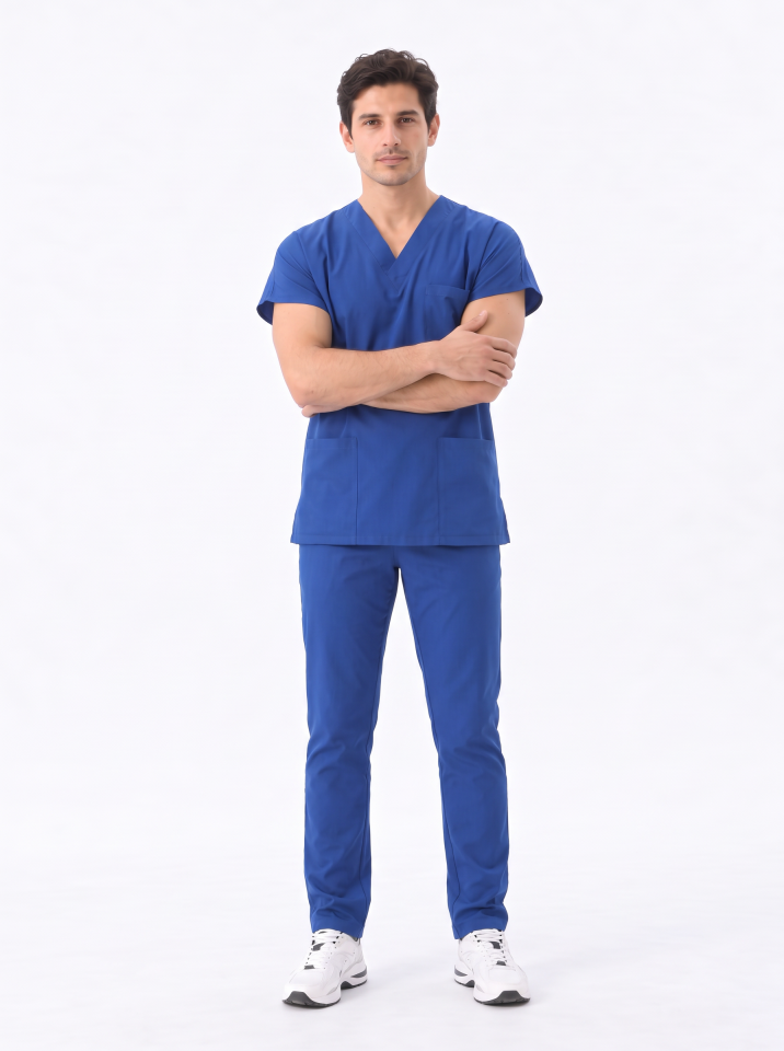 Classic -Saks Mavi Likralı Üniforma Takım Scrubs