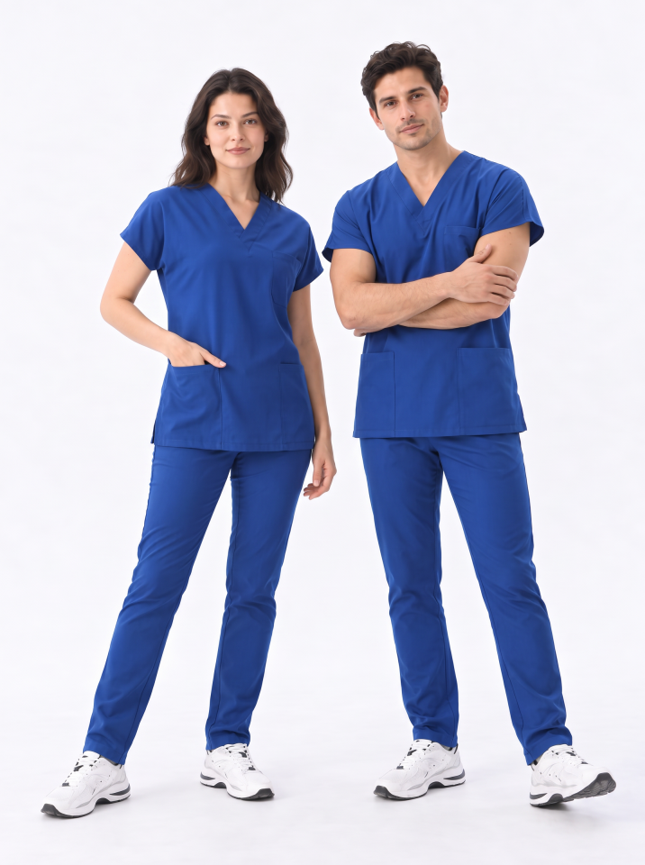 Classic -Saks Mavi Likralı Üniforma Takım Scrubs
