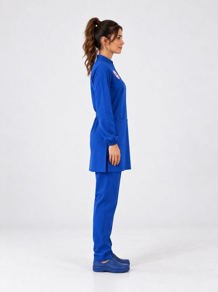HİPO(ÇAMAŞIR SUYU) Dayanıklı Tesettür Temizlik Personeli Forması Scrubs Likralı Takım Sağlık Bakanlığı Logolu-Dazzling Blu