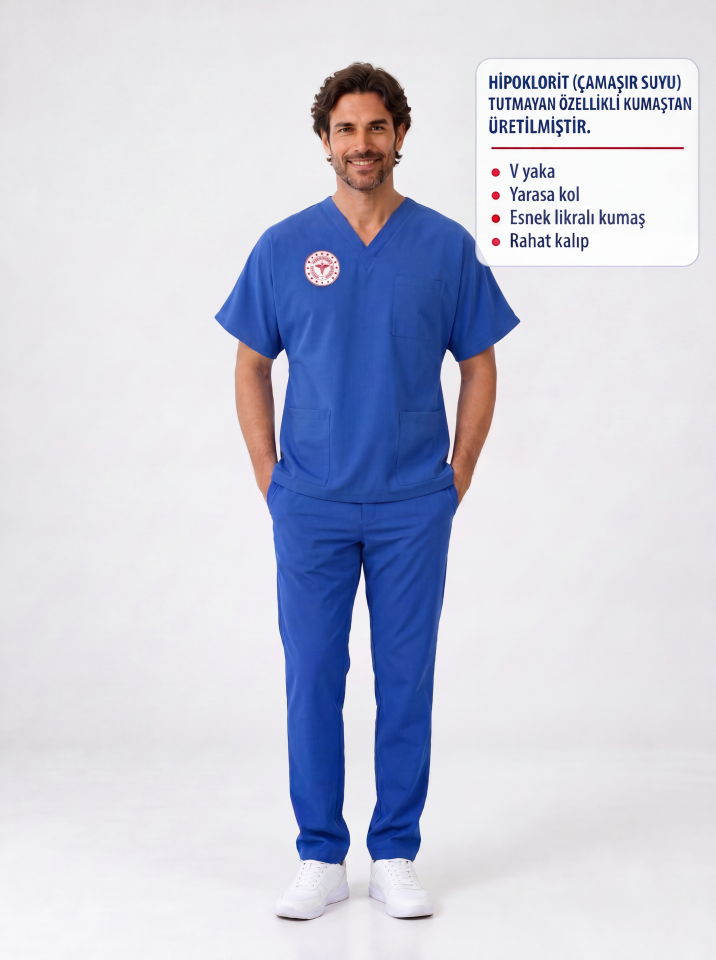 HİPO(ÇAMAŞIR SUYU) Dayanıklı Yarasa Kol Temizlik Personeli Forması Scrubs Likralı Takım Sağlık Bakanlığı Logolu-Dazzling Blu