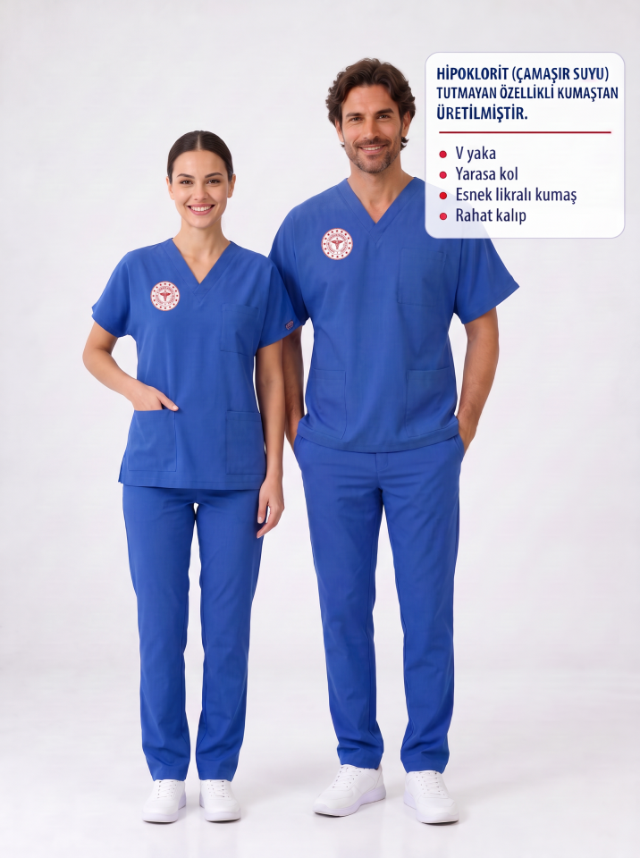 HİPO(ÇAMAŞIR SUYU) Dayanıklı Yarasa Kol Temizlik Personeli Forması Scrubs Likralı Takım Sağlık Bakanlığı Logolu-Dazzling Blu